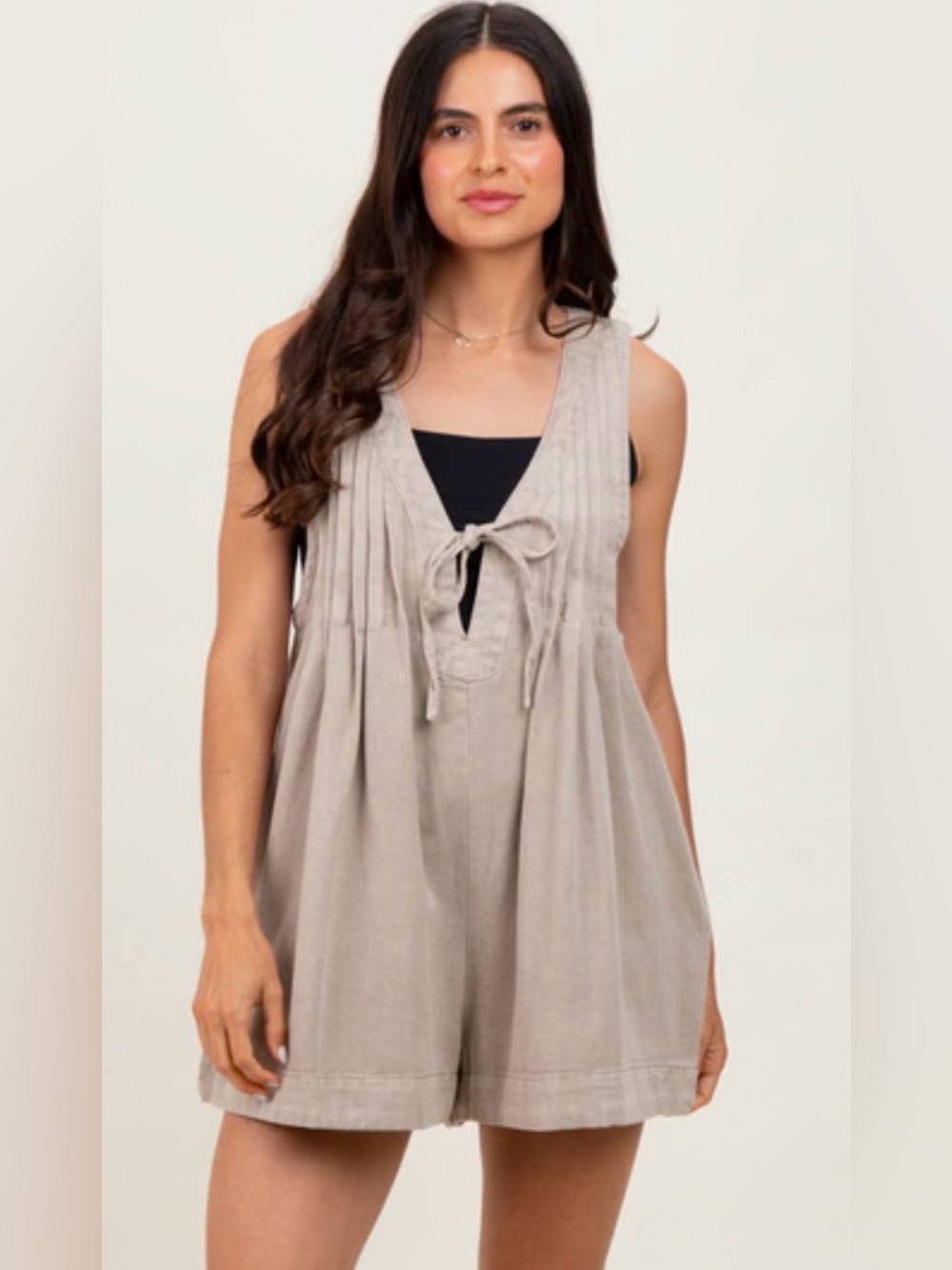 Casual Raw Natural Linen Tie-Front Sleeveless Romper in Light Taupe